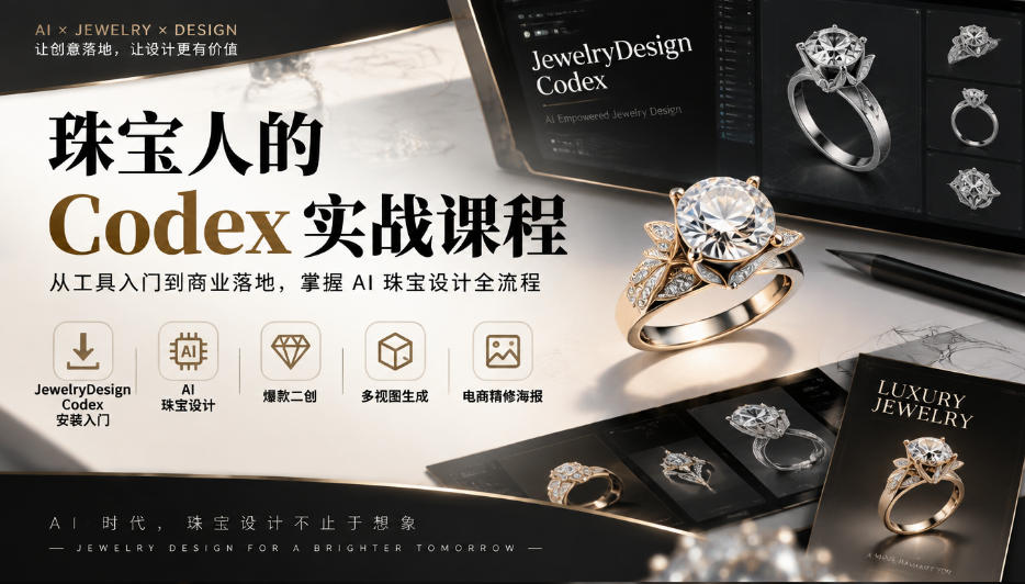 珠宝人的Codex实战课程｜JewelryDesign Codex安装入门、AI珠宝设计、爆款二创、多视图生成、电商精修海报全链路教学亿创资源网_优质资源分享平台_一站式资源获取亿创资源网 | 优质资源分享平台_一站式资源获取