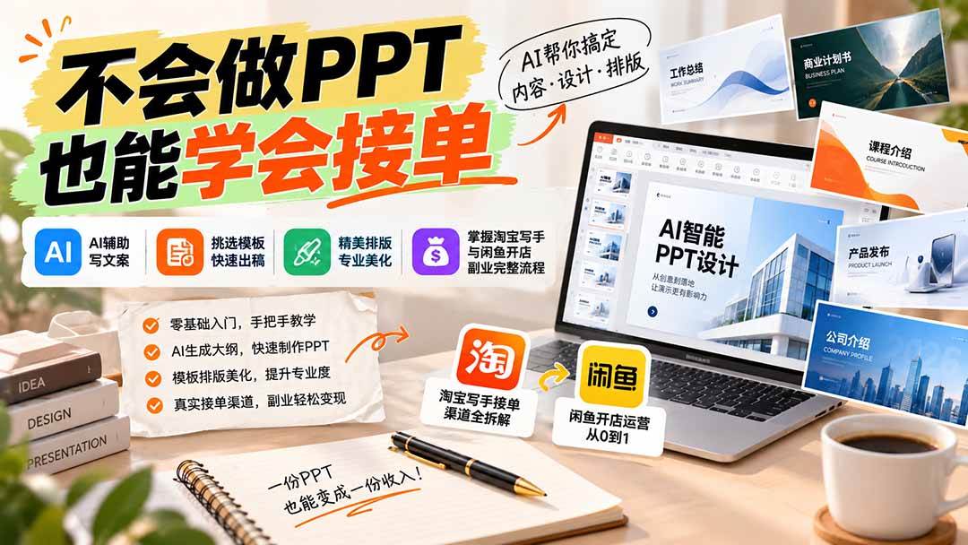 (20945期)不会做PPT也能学会接单:AI辅助写文案、挑模板、做排版,掌握淘宝写手与闲鱼开店副业完整流程 (20945期)不会做PPT也能学会接单:AI辅助写文案、挑模板、做排版,掌握淘宝写手与闲鱼开店副业完整流程