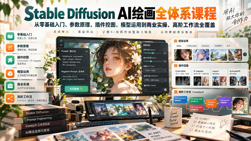 【无水印】Stable Diffusion AI绘画全体系课程,从零基础入门、参数原理、插件控图、模型运用到商业实操、高阶工作流全覆盖亿创资源网_优质资源分享平台_一站式资源获取亿创资源网 | 优质资源分享平台_一站式资源获取