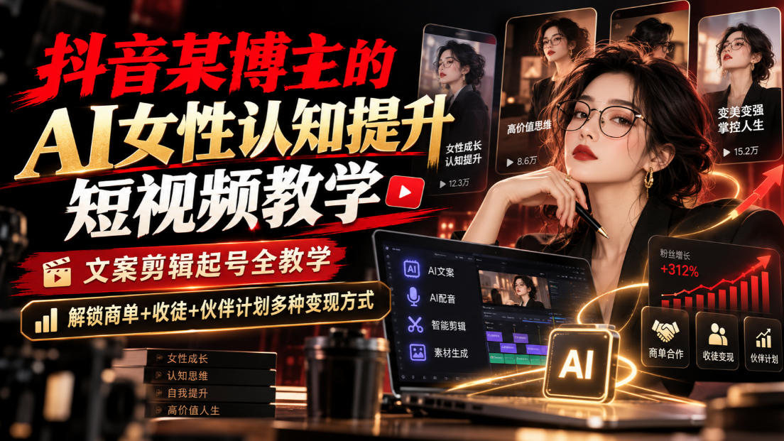 抖音某博主的Ai女性认知提升短视频教学，文案剪辑起号全教学，解锁商单+收徒+伙伴计划多种变现方式亿创资源网_优质资源分享平台_一站式资源获取亿创资源网 | 优质资源分享平台_一站式资源获取