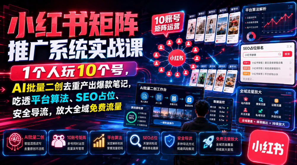 小红书矩阵推广系统实战课｜1个人玩10个号，AI批量二创去重产出爆款笔记，吃透平台算法、SEO占位、安全导流，放大全域免费流量亿创资源网_优质资源分享平台_一站式资源获取亿创资源网 | 优质资源分享平台_一站式资源获取