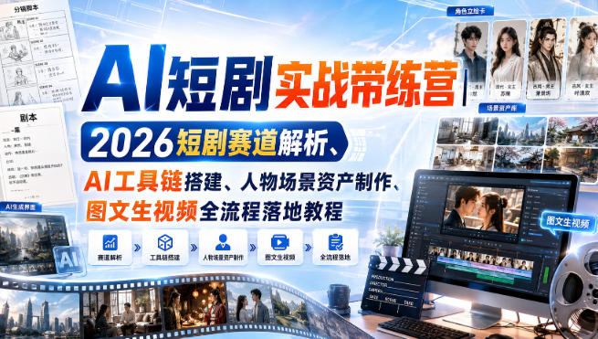 AI短剧实战带练营｜2026短剧赛道解析、AI工具链搭建、人物场景资产制作、图文生视频全流程落地教程亿创资源网_优质资源分享平台_一站式资源获取亿创资源网 | 优质资源分享平台_一站式资源获取