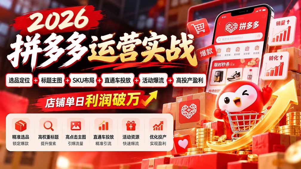 （20778期）2026拼多多运营实战-更新1002：选品定位+标题主图+SKU布局+直通车投放+活动爆流+高投产盈利 店铺单日利润破万亿创资源网_优质资源分享平台_一站式资源获取亿创资源网 | 优质资源分享平台_一站式资源获取