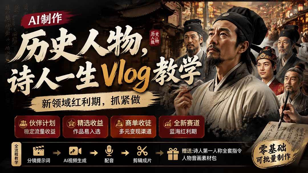 （19758期）历史人物，诗人一生Vlog教学， AI制作丨伙伴计划丨精选收益丨商单收徒 ，新领域红利期，抓紧做亿创资源网_优质资源分享平台_一站式资源获取亿创资源网 | 优质资源分享平台_一站式资源获取