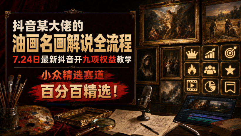 抖音某大佬的油画名画解说全流程，7.24日最新抖音开九项权益教学，小众精选赛道，百分百精选！亿创资源网_优质资源分享平台_一站式资源获取亿创资源网 | 优质资源分享平台_一站式资源获取