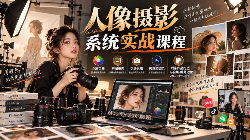 【无水印】人像摄影系统实战课程,色彩审美、构图布光、镜头运用、PS精修调色,附带作品打造与自媒体账号运营亿创资源网_优质资源分享平台_一站式资源获取亿创资源网 | 优质资源分享平台_一站式资源获取