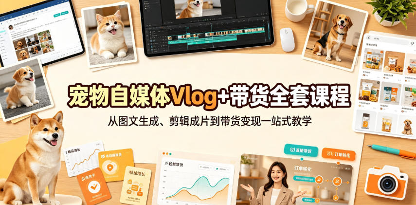 宠物自媒体Vlog+带货全套课程｜从图文生成、剪辑成片到带货变现一站式教学亿创资源网_优质资源分享平台_一站式资源获取亿创资源网 | 优质资源分享平台_一站式资源获取