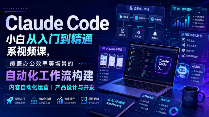Claude Code小白从入门到精通系视频课,覆盖办公效率等场景的自动化工作流构建|内容自动化运营|产品设计与开发亿创资源网_优质资源分享平台_一站式资源获取亿创资源网 | 优质资源分享平台_一站式资源获取