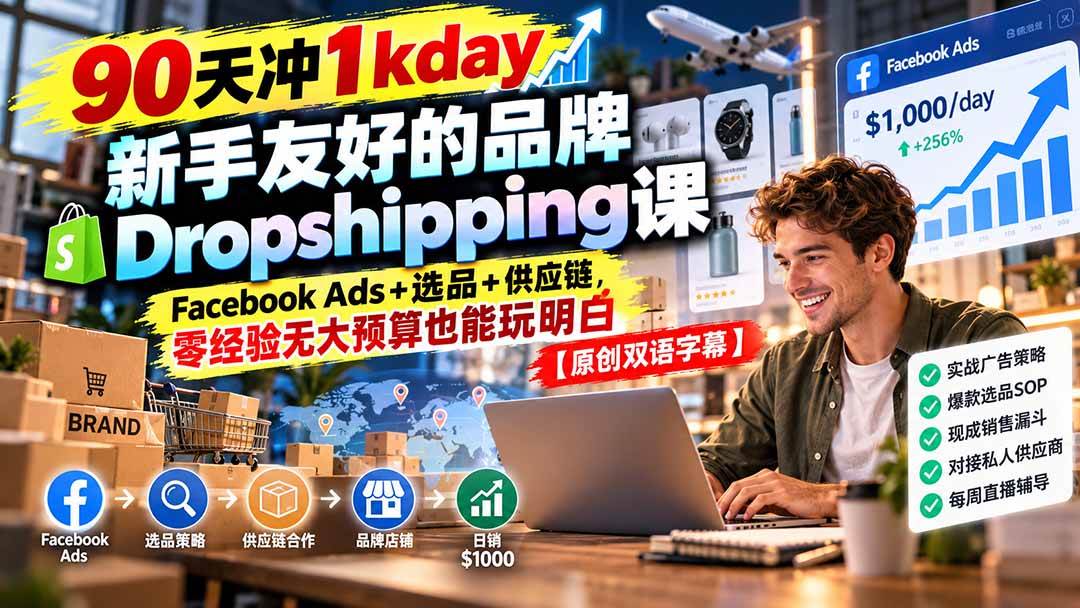 （20738期）90天冲1kday 新手友好的品牌Dropshipping课：Facebook Ads+选品+供应链，零经验无大预算也能玩明白【原创双语字幕】亿创资源网_优质资源分享平台_一站式资源获取亿创资源网 | 优质资源分享平台_一站式资源获取