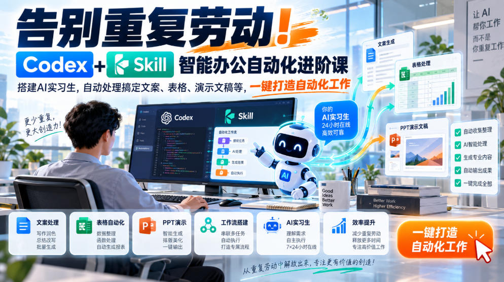 告别重复劳动!Codex+Skill智能办公自动化进阶课|搭建AI实习生,自动处理搞定文案、表格、演示文稿等,一键打造自动化工作亿创资源网_优质资源分享平台_一站式资源获取亿创资源网 | 优质资源分享平台_一站式资源获取