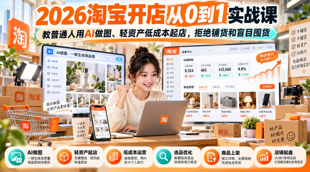 2026淘宝开店从0到1实战课,教普通人用AI做图、轻资产低成本起店,拒绝铺货和盲目囤货亿创资源网_优质资源分享平台_一站式资源获取亿创资源网 | 优质资源分享平台_一站式资源获取