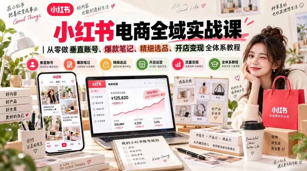 小红书电商全域实战课｜从零做垂直账号、爆款笔记、精细选品、开店变现全体系教程亿创资源网_优质资源分享平台_一站式资源获取亿创资源网 | 优质资源分享平台_一站式资源获取