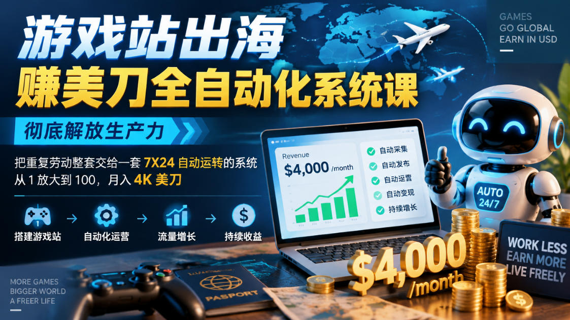 游戏站出海賺美刀全自动化系统课,彻底解放生产力–把重复劳动整套交给一套7X24自动运转的系统,从1放大到100,月入4K美刀亿创资源网_优质资源分享平台_一站式资源获取亿创资源网 | 优质资源分享平台_一站式资源获取
