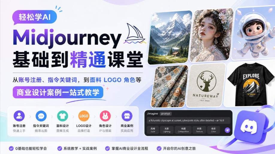 轻松学AI Midjourney基础到精通课堂，从账号注册、指令关键词，到面料LOGO角色等商业设计案例一站式教学亿创资源网_优质资源分享平台_一站式资源获取亿创资源网 | 优质资源分享平台_一站式资源获取