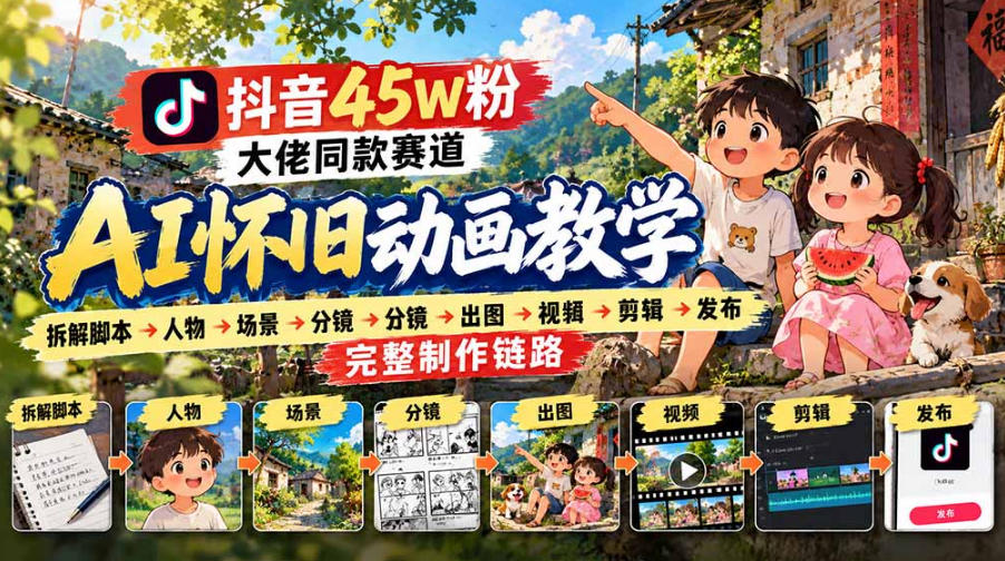 抖音45W粉大佬同款赛道AI怀旧动画实战课:拆解脚本→人物→场景→分镜→出图→视频→剪辑→发布完整制作链路亿创资源网_优质资源分享平台_一站式资源获取亿创资源网 | 优质资源分享平台_一站式资源获取