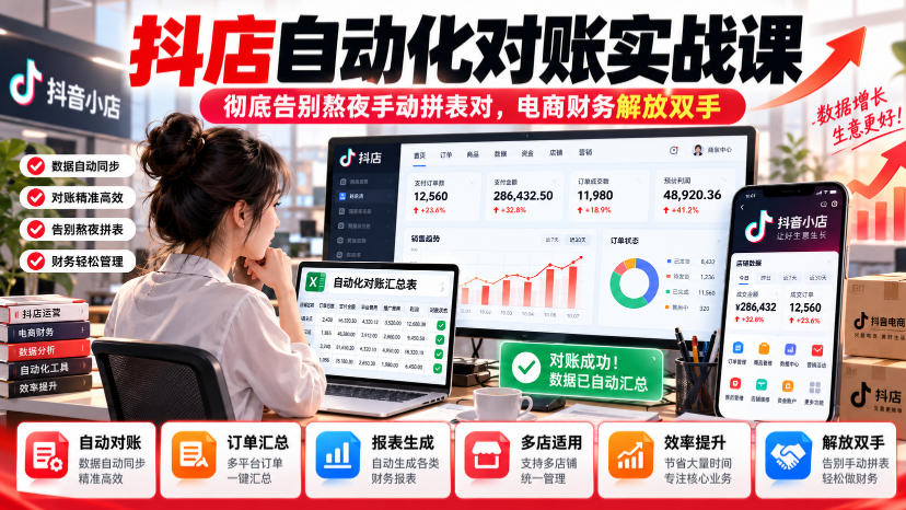 抖店自动化对账实战课，彻底告别熬夜手动拼表对，账电商财务解放双手亿创资源网_优质资源分享平台_一站式资源获取亿创资源网 | 优质资源分享平台_一站式资源获取