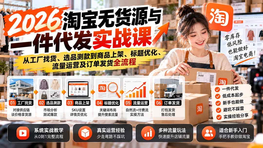 （20903期）2026淘宝无货源与一件代发实战课：从工厂找货、选品测款到商品上架、标题优化、流量运营及订单发货全流程亿创资源网_优质资源分享平台_一站式资源获取亿创资源网 | 优质资源分享平台_一站式资源获取