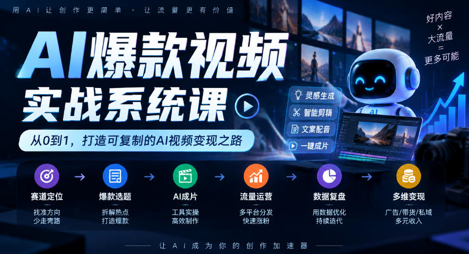 AI爆款视频实战系统课|赛道定位、爆款选题、AI成片、流量运营、数据复盘、多维变现全链路教学亿创资源网_优质资源分享平台_一站式资源获取亿创资源网 | 优质资源分享平台_一站式资源获取