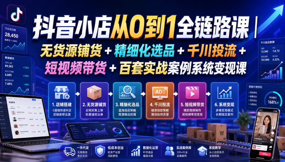 抖音小店从0到1全链路课｜无货源铺货+精细化选品+千川投流+短视频带货+百套实战案例系统变现课（2026年7月更新）亿创资源网_优质资源分享平台_一站式资源获取亿创资源网 | 优质资源分享平台_一站式资源获取