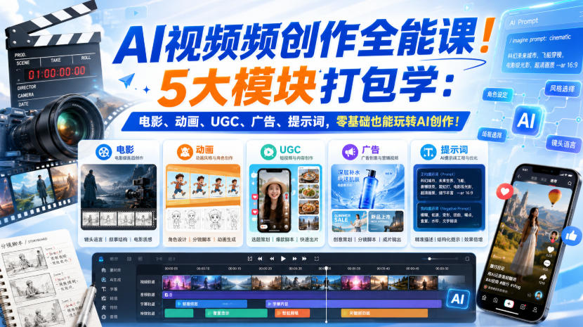 AI视频频创作全能课！5大模块打包学：电影、动画、UGC、广告、提示词，零基础也能玩转AI创作！【原创双语字幕】亿创资源网_优质资源分享平台_一站式资源获取亿创资源网 | 优质资源分享平台_一站式资源获取