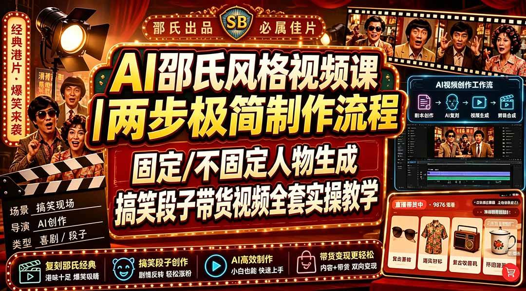 （19602期）AI邵氏风格视频课｜两步极简制作流程，固定/不固定人物生成，搞笑段子带货视频全套实操教学亿创资源网_优质资源分享平台_一站式资源获取亿创资源网 | 优质资源分享平台_一站式资源获取
