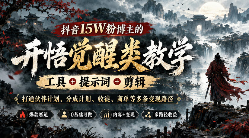抖音15W粉博主的开悟觉醒类教学，工具+提示词+剪辑，打通伙伴计划、分成计划、收徒、商单等多条变现路径亿创资源网_优质资源分享平台_一站式资源获取亿创资源网 | 优质资源分享平台_一站式资源获取