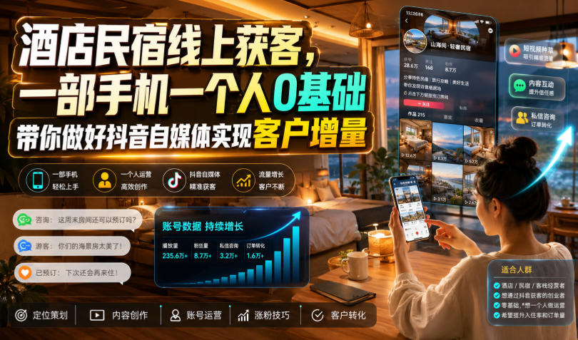 酒店民宿线上获客,一部手机一个人0基础带你做好抖音自媒体实现客户增量亿创资源网_优质资源分享平台_一站式资源获取亿创资源网 | 优质资源分享平台_一站式资源获取