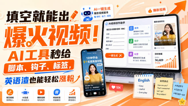 填空就能出爆火视频!AI工具秒给脚本、钩子、标签,英语渣也能轻松涨粉【原创双语字幕】亿创资源网_优质资源分享平台_一站式资源获取亿创资源网 | 优质资源分享平台_一站式资源获取
