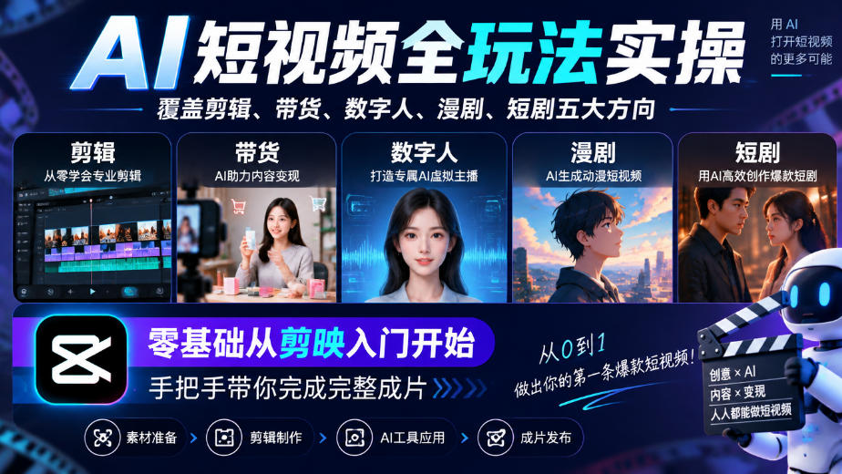 AI短视频全玩法实操，覆盖剪辑、带货、数字人、漫剧、短剧五大方向，零基础从剪映入门开始，手把手带你完成完整成片亿创资源网_优质资源分享平台_一站式资源获取亿创资源网 | 优质资源分享平台_一站式资源获取