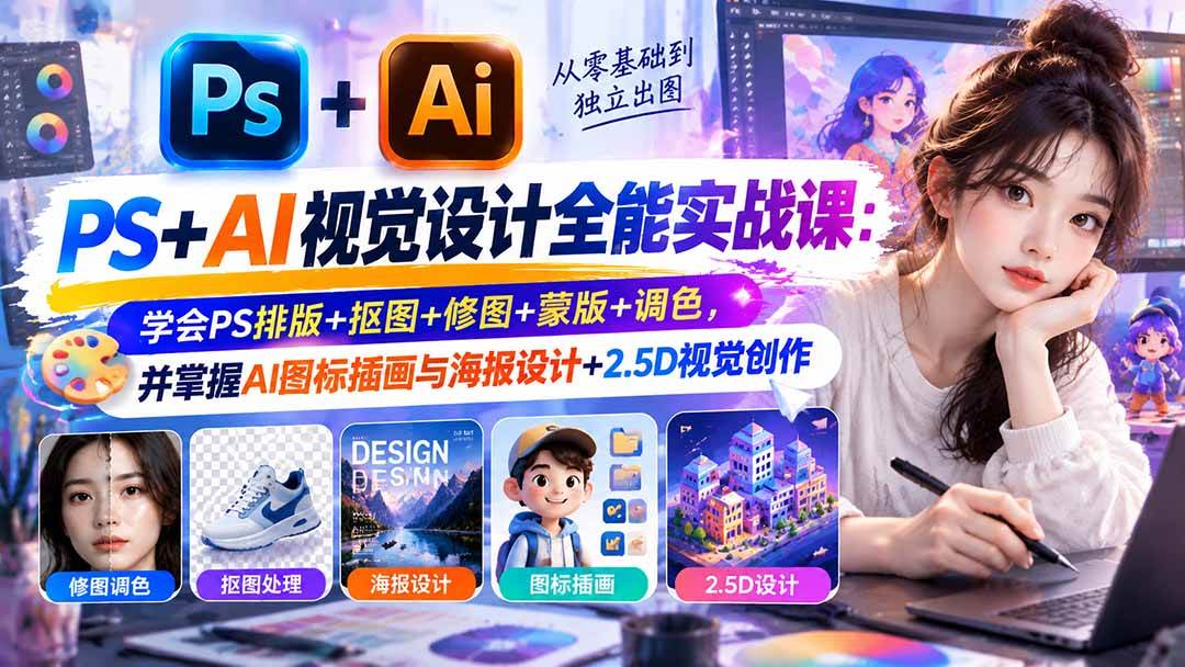 （20749期）【无水印】PS+AI视觉设计全能实战课：学会PS排版+抠图+修图+蒙版+调色，并掌握AI图标插画与海报设计+2.5D视觉创作亿创资源网_优质资源分享平台_一站式资源获取亿创资源网 | 优质资源分享平台_一站式资源获取