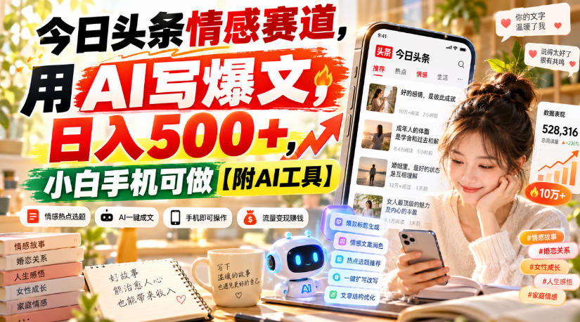 今日头条情感赛道，用AI写爆文，日入500+，小白手机可做【附AI工具】亿创资源网_优质资源分享平台_一站式资源获取亿创资源网 | 优质资源分享平台_一站式资源获取