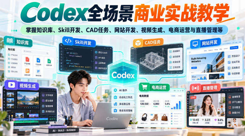【无水印】Codex全场景商业实战教学，掌握知识库、Skill开发、CAD任务、网站开发、视频生成、电商运营与直播管理等亿创资源网_优质资源分享平台_一站式资源获取亿创资源网 | 优质资源分享平台_一站式资源获取