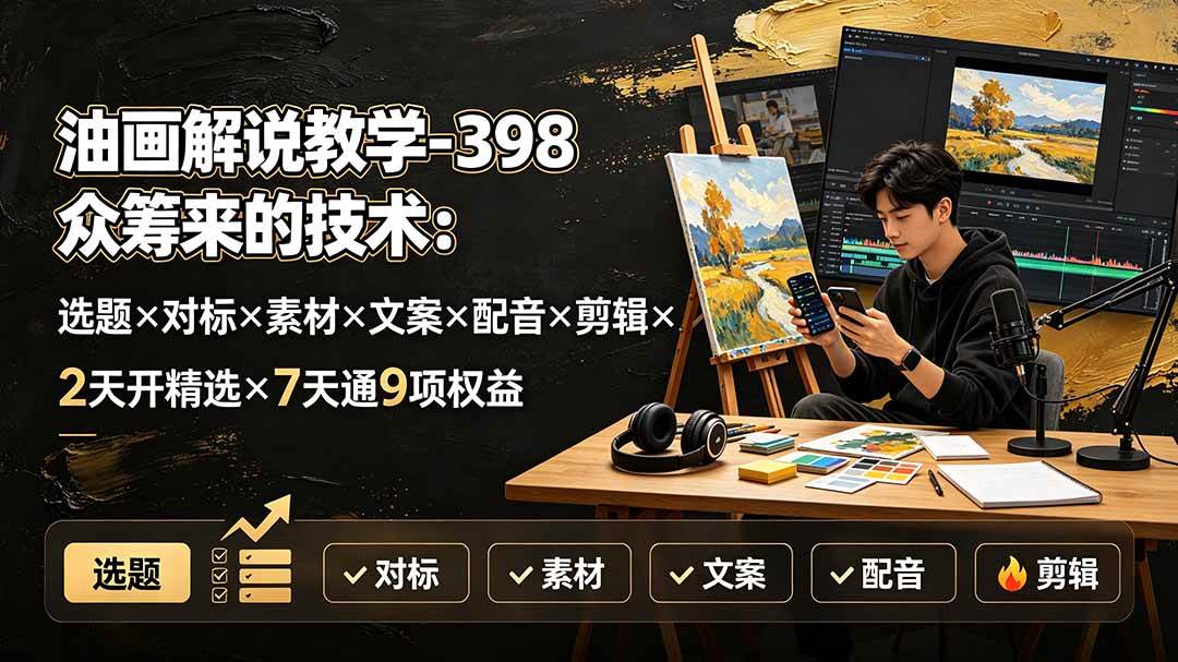（19587期）油画解说教学-398众筹来的技术-刯新：选题×对标×素材×文案×配音×剪辑×2天开精选×7天通9项权益亿创资源网_优质资源分享平台_一站式资源获取亿创资源网 | 优质资源分享平台_一站式资源获取