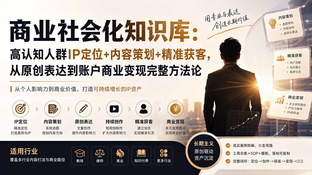 商业社会化知识库:高认知人群IP定位+内容策划+精准获客,从原创表达到账户商业变现完整方法论亿创资源网_优质资源分享平台_一站式资源获取亿创资源网 | 优质资源分享平台_一站式资源获取