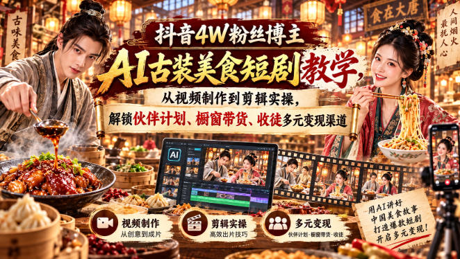 抖音4W粉丝博主AI古装美食短剧教学,从视频制作到剪辑实操,解锁伙伴计划、橱窗带货、收徒多元变现渠道亿创资源网_优质资源分享平台_一站式资源获取亿创资源网 | 优质资源分享平台_一站式资源获取