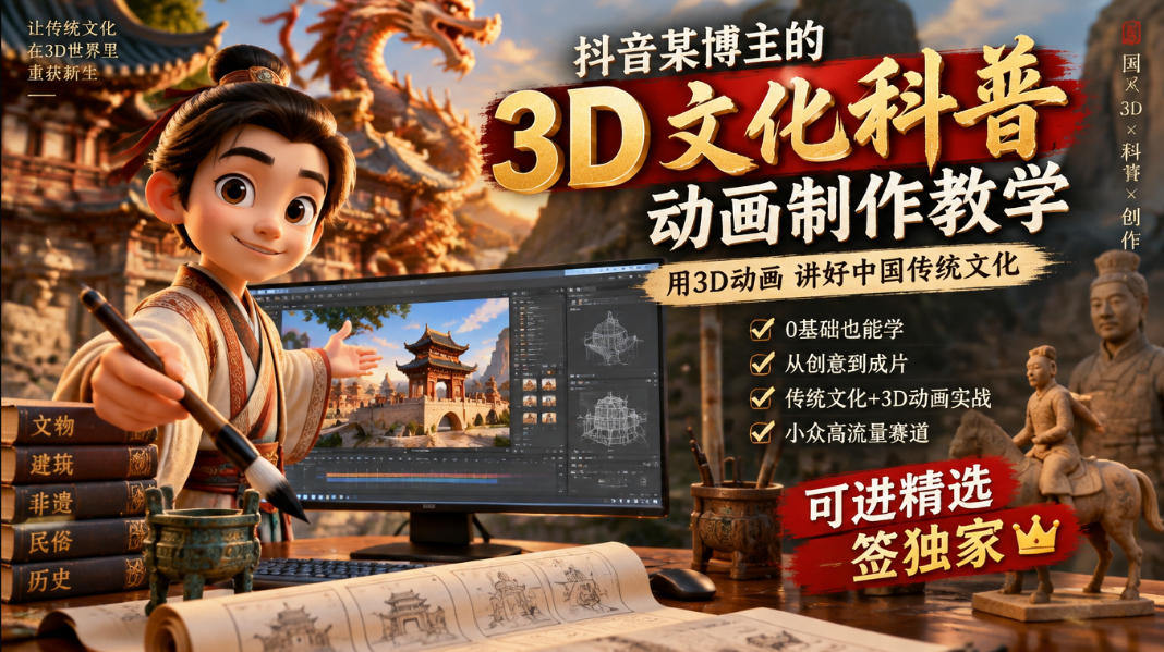 抖音某博主的3D文化科普动画制作教学，用3D动画呈现中国传统文化，可进精选签独家，单日收益1k+亿创资源网_优质资源分享平台_一站式资源获取亿创资源网 | 优质资源分享平台_一站式资源获取