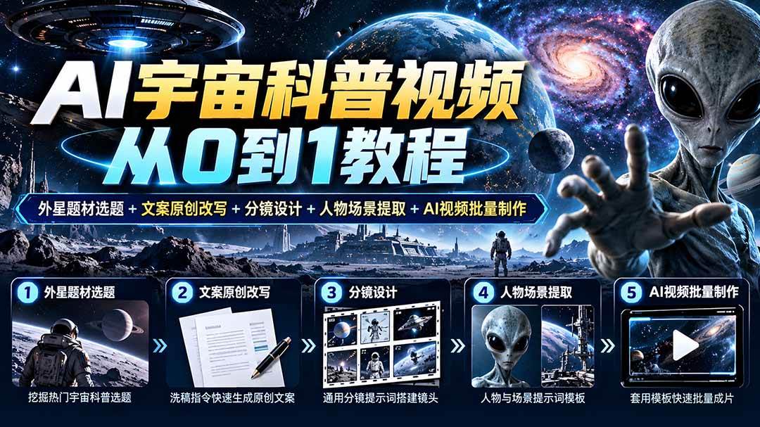 （20774期）AI宇宙科普视频从0到1教程｜外星题材选题+文案原创改写+分镜设计+人物场景提取+AI视频批量制作亿创资源网_优质资源分享平台_一站式资源获取亿创资源网 | 优质资源分享平台_一站式资源获取