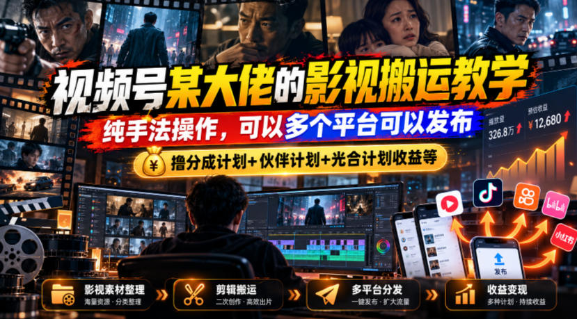 视频号某大佬的影视搬运教学，纯手法操作，可以多个平台可以发布，撸分成计划+伙伴计划+光合计划收益等亿创资源网_优质资源分享平台_一站式资源获取亿创资源网 | 优质资源分享平台_一站式资源获取