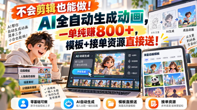 不会剪辑也能做!AI全自动生成动画,一单纯賺800+,模板+接单资源直接送!【揭秘】亿创资源网_优质资源分享平台_一站式资源获取亿创资源网 | 优质资源分享平台_一站式资源获取
