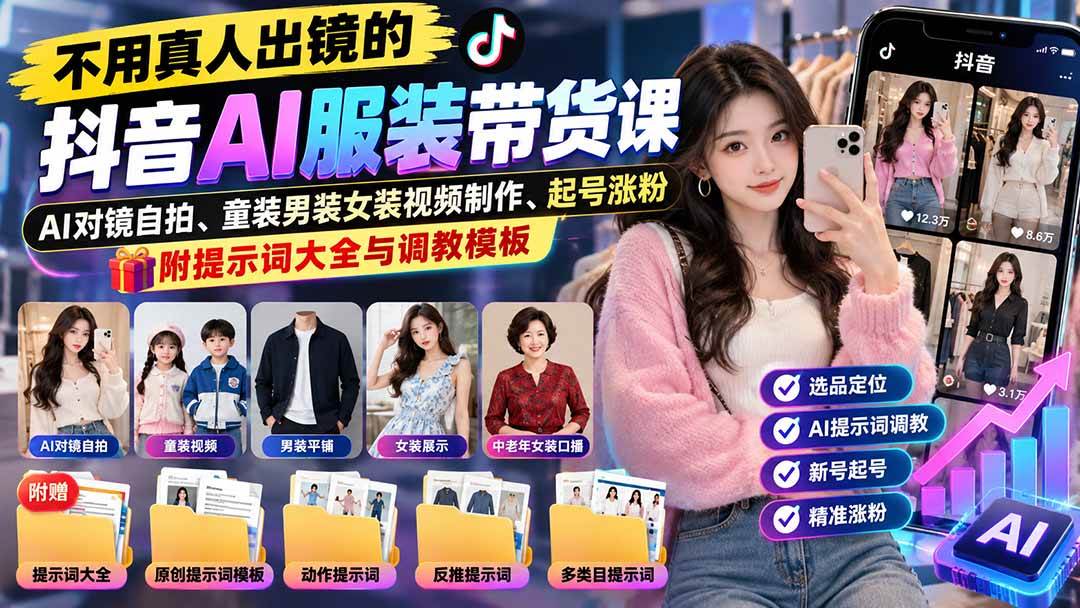 （20960期）不用真人出镜的抖音AI服装带货课：AI对镜自拍、童装男装女装视频制作、起号涨粉，附提示词大全与调教模板亿创资源网_优质资源分享平台_一站式资源获取亿创资源网 | 优质资源分享平台_一站式资源获取