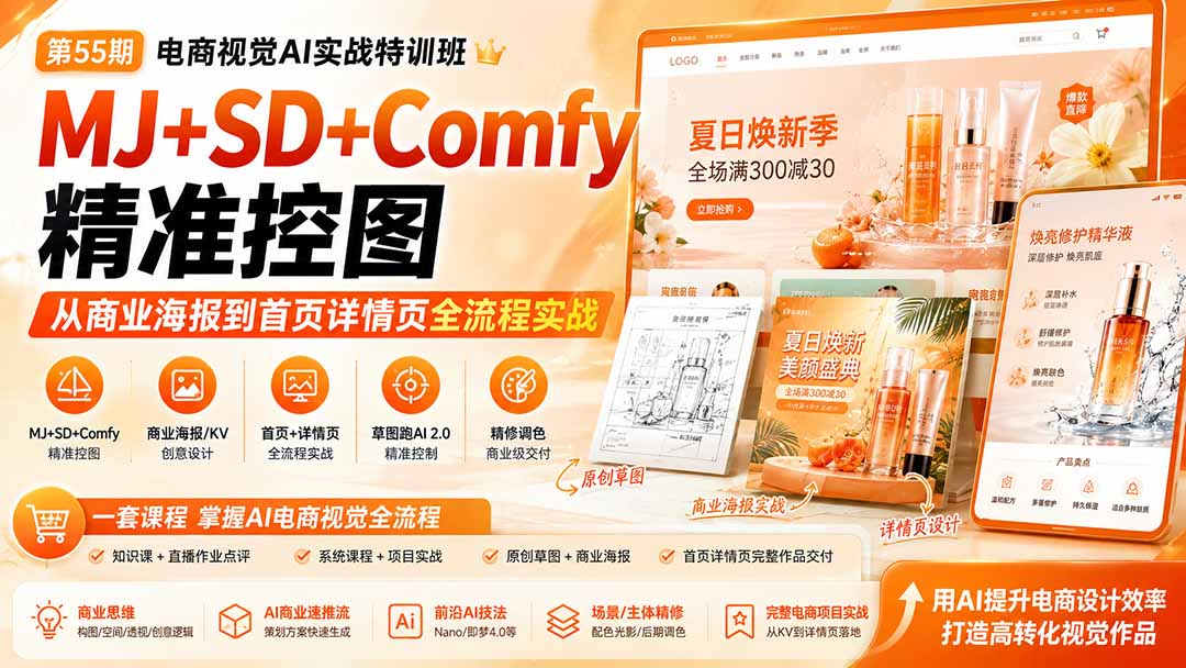 电商视觉 AI实战训练营第55期：MJ+SD+Comfy精准控图，从商业海报到首页详情页全流程实战亿创资源网_优质资源分享平台_一站式资源获取亿创资源网 | 优质资源分享平台_一站式资源获取