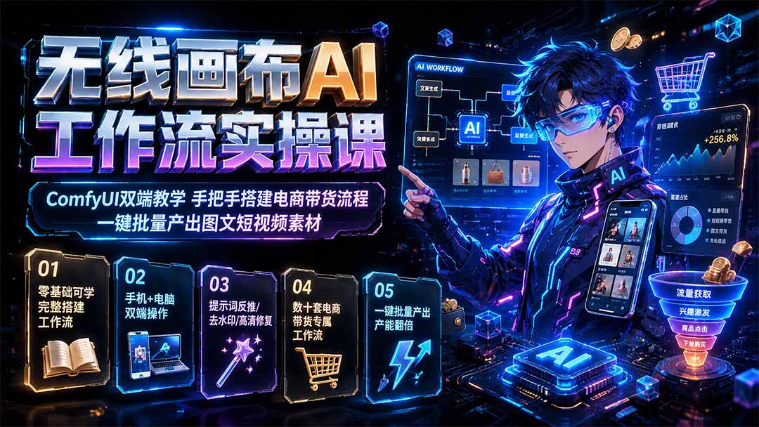 无线画布AI工作流实操课｜ComfyUI双端教学，手把手搭建电商带货流程，一键批量产出图文短视频素材亿创资源网_优质资源分享平台_一站式资源获取亿创资源网 | 优质资源分享平台_一站式资源获取