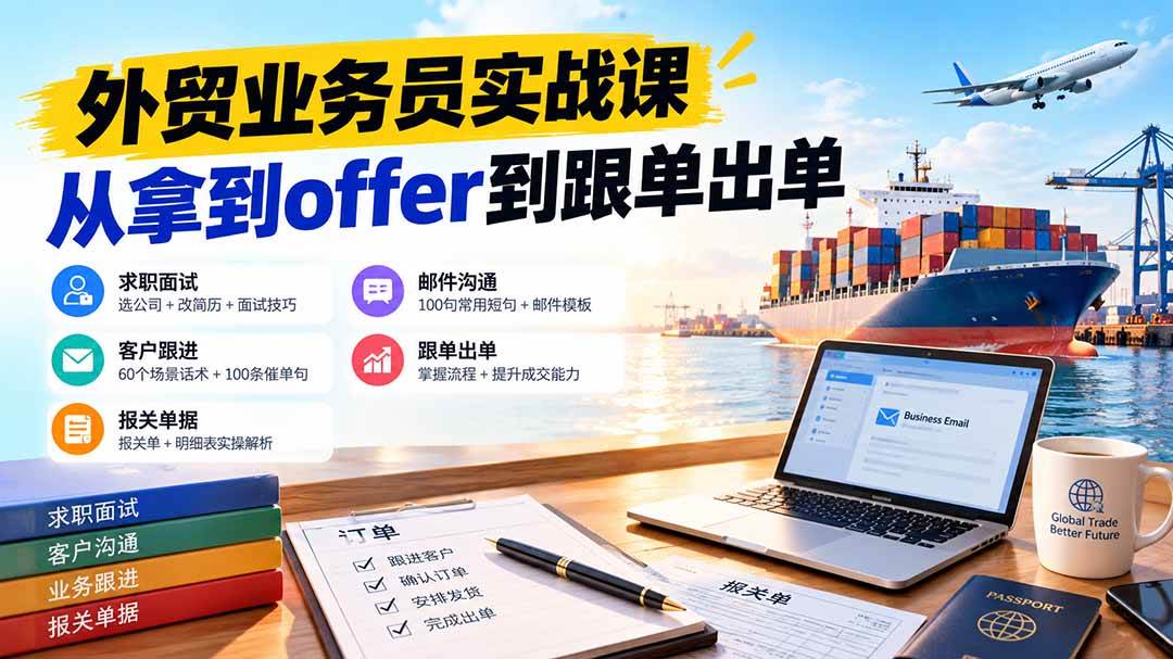 （20963期）外贸业务员从求职到出单实战课：教你筛选优质公司、优化简历、应对面试、客户跟进催单及出口报关操作篇亿创资源网_优质资源分享平台_一站式资源获取亿创资源网 | 优质资源分享平台_一站式资源获取