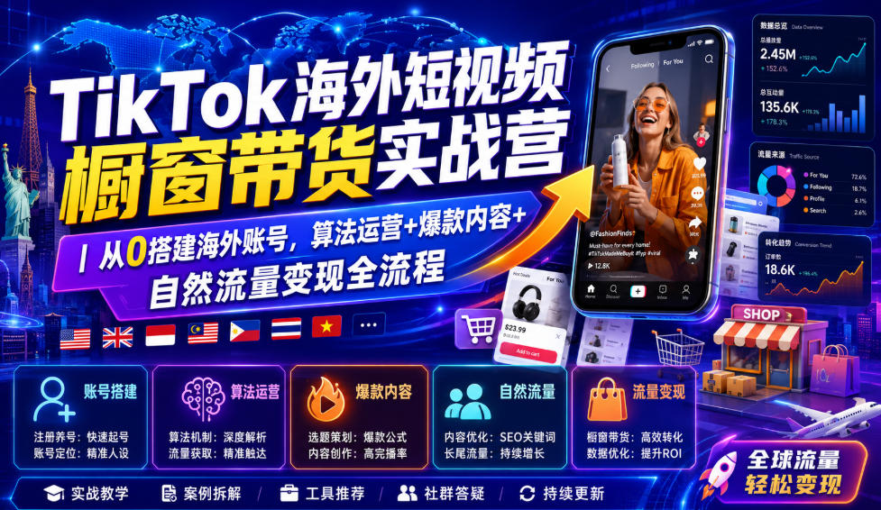 TikTok海外短视频橱窗带货实战营｜从0搭建海外账号，算法运营+爆款内容+自然流量变现全流程亿创资源网_优质资源分享平台_一站式资源获取亿创资源网 | 优质资源分享平台_一站式资源获取