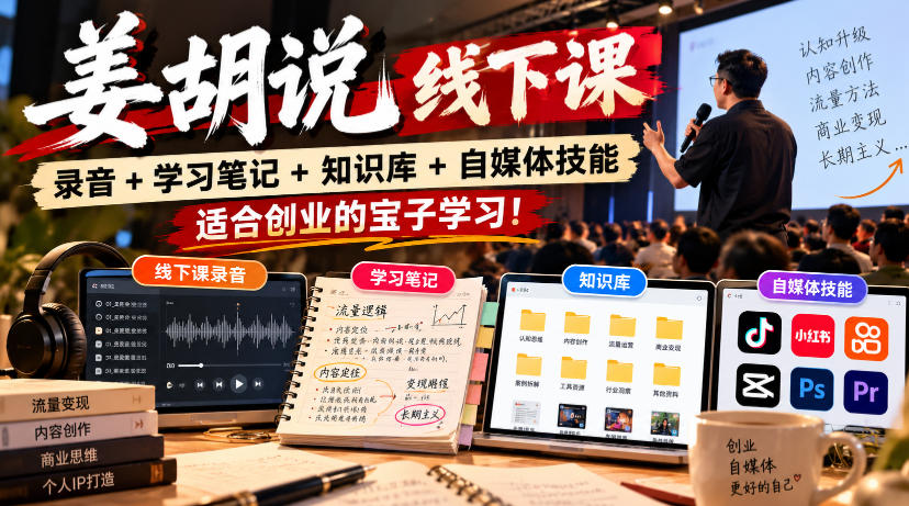 姜胡说线下课录音+学习笔记+知识库+自媒体技能,适合创业的宝子学习!亿创资源网_优质资源分享平台_一站式资源获取亿创资源网 | 优质资源分享平台_一站式资源获取