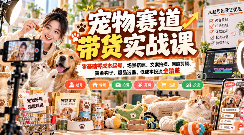 宠物赛道带货实战课，零基础零成本起号，场景搭建、文案拍摄、网感剪辑、黄金钩子、爆品选品、低成本投流全覆盖亿创资源网_优质资源分享平台_一站式资源获取亿创资源网 | 优质资源分享平台_一站式资源获取