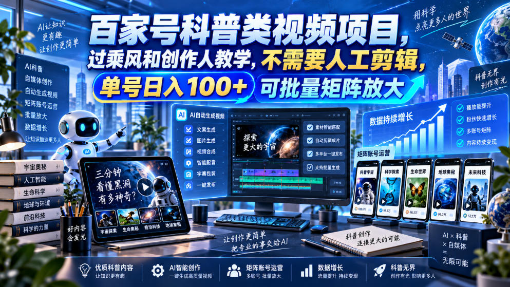 百家号科普类视频项目，过乘风和创作人教学，不需要人工剪辑，单号日入100+可批量矩阵放大亿创资源网_优质资源分享平台_一站式资源获取亿创资源网 | 优质资源分享平台_一站式资源获取