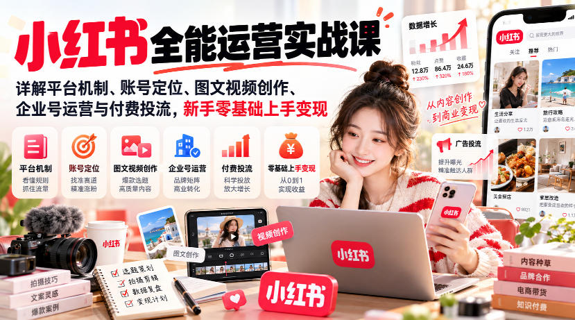 小红书全能运营实战课，详解平台机制、账号定位、图文视频创作、企业号运营与付费投流，新手零基础上手变现亿创资源网_优质资源分享平台_一站式资源获取亿创资源网 | 优质资源分享平台_一站式资源获取