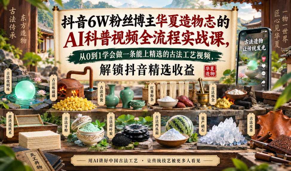 抖音6W粉丝博主华夏造物志的AI科普视频全流程实战课，从0到1学会做一条能上精选的古法工艺视频，解锁抖音精选收益亿创资源网_优质资源分享平台_一站式资源获取亿创资源网 | 优质资源分享平台_一站式资源获取