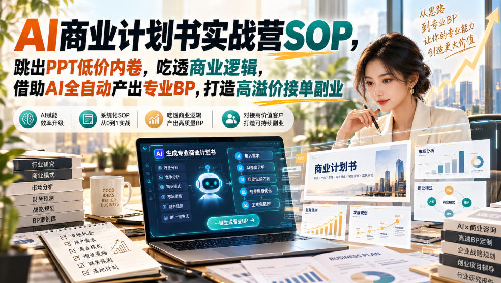 AI商业计划书实战营SOP,跳出PPT低价内卷,吃透商业逻辑,借助AI全自动产出专业BP,打造高溢价接单副业亿创资源网_优质资源分享平台_一站式资源获取亿创资源网 | 优质资源分享平台_一站式资源获取